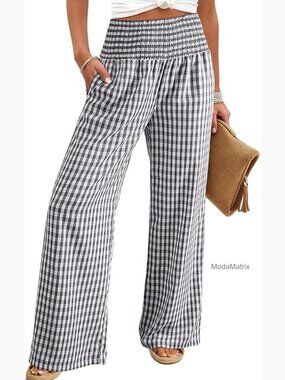 Striped Gingham Wide Leg Pants with Pockets Smocked Waist
